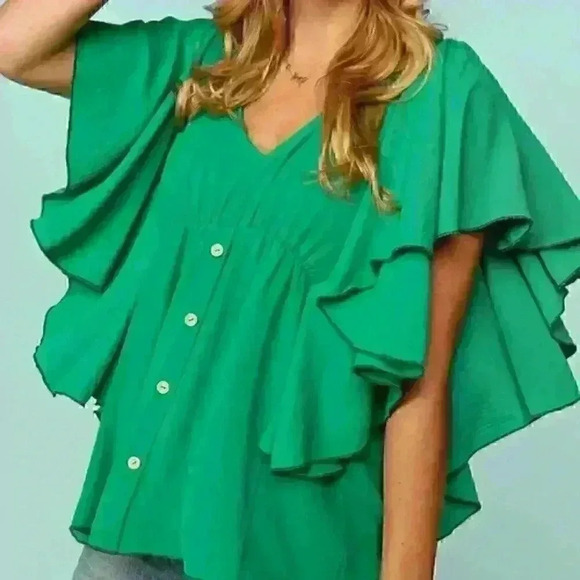 Haptics Tops - Kelly Green Flutter Sleeve‎ Babydoll Peplum Top